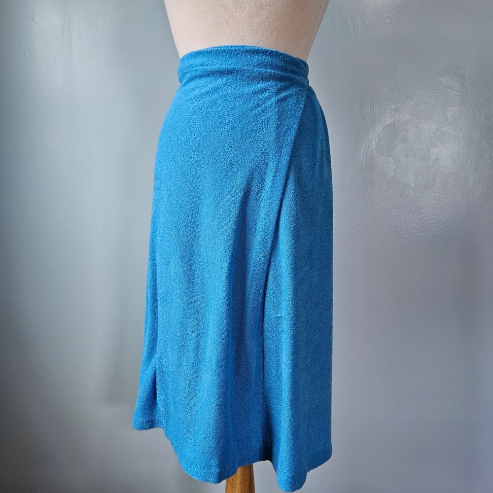 Vintage 70s Blue Terry Cloth Wrap Skirt Beach Cover Up Size 15/16 Cerulean Retro